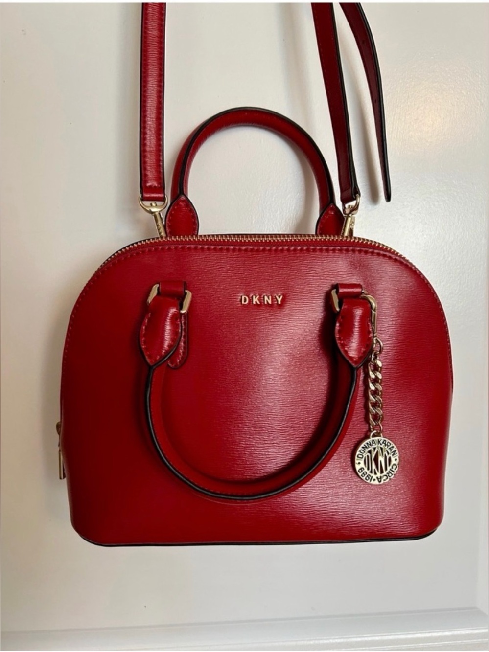 DKNY Red Saffiano Dome Satchel with Chain Charm